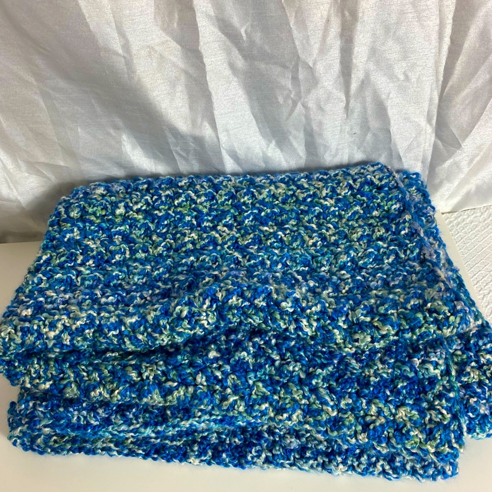 Hand Crocheted Afghan Throw Blanket Large, thick, Blue.